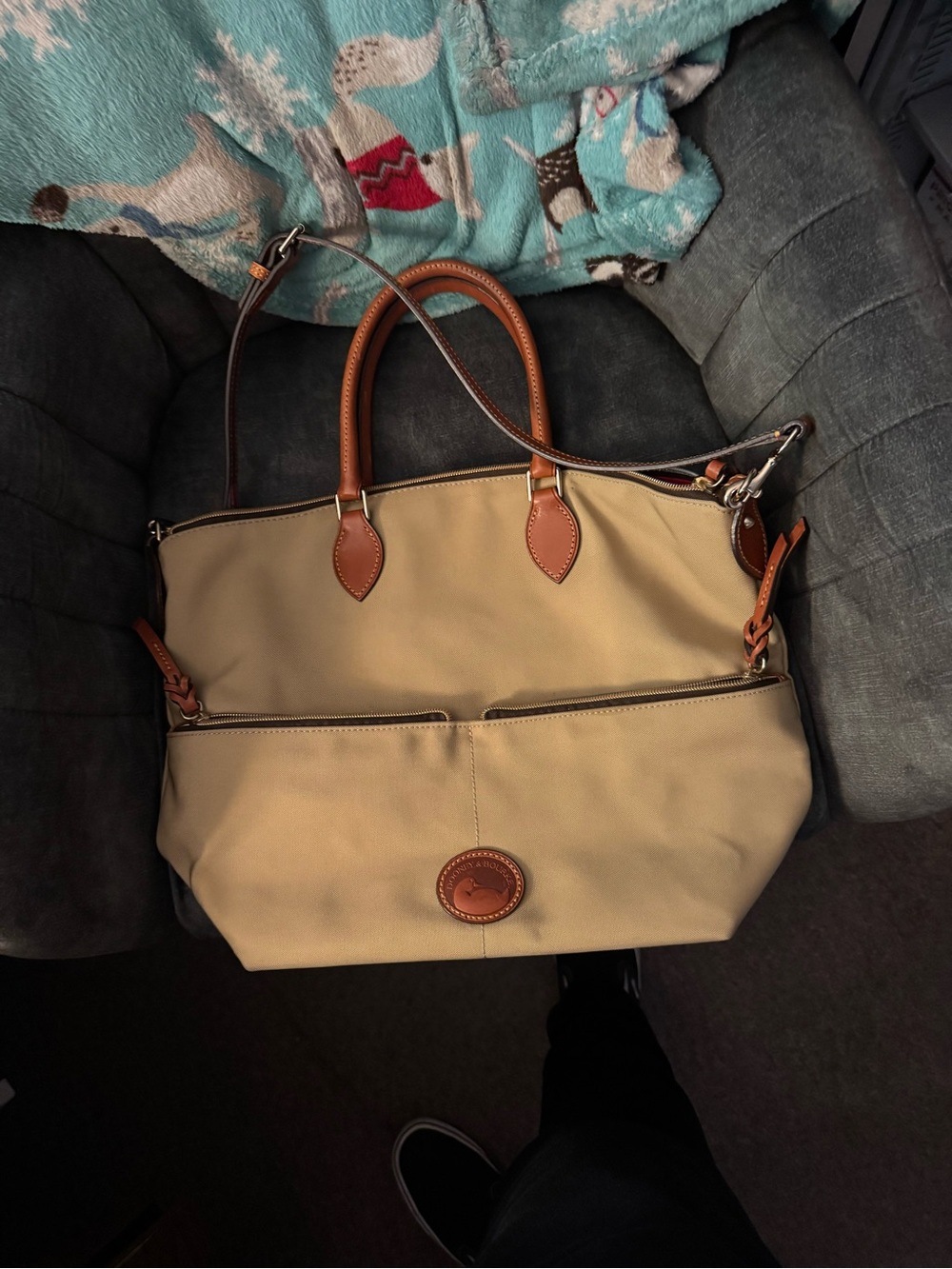 Dooney & Bourke Tan Canvas Satchel with Brown Leather Handles - Picture 2 of 15